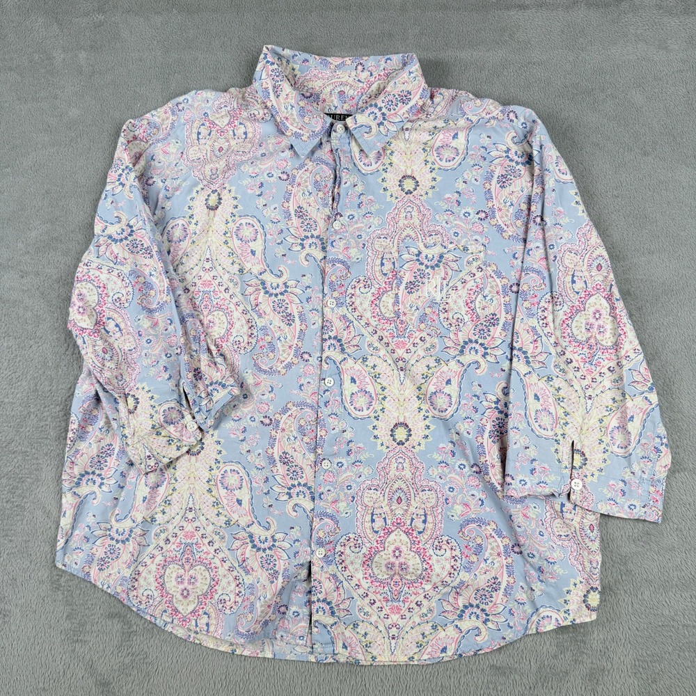 Lauren Ralph Lauren Paisley Button Down Shirt Blue Pink 3/4 Sleeve L LN91805